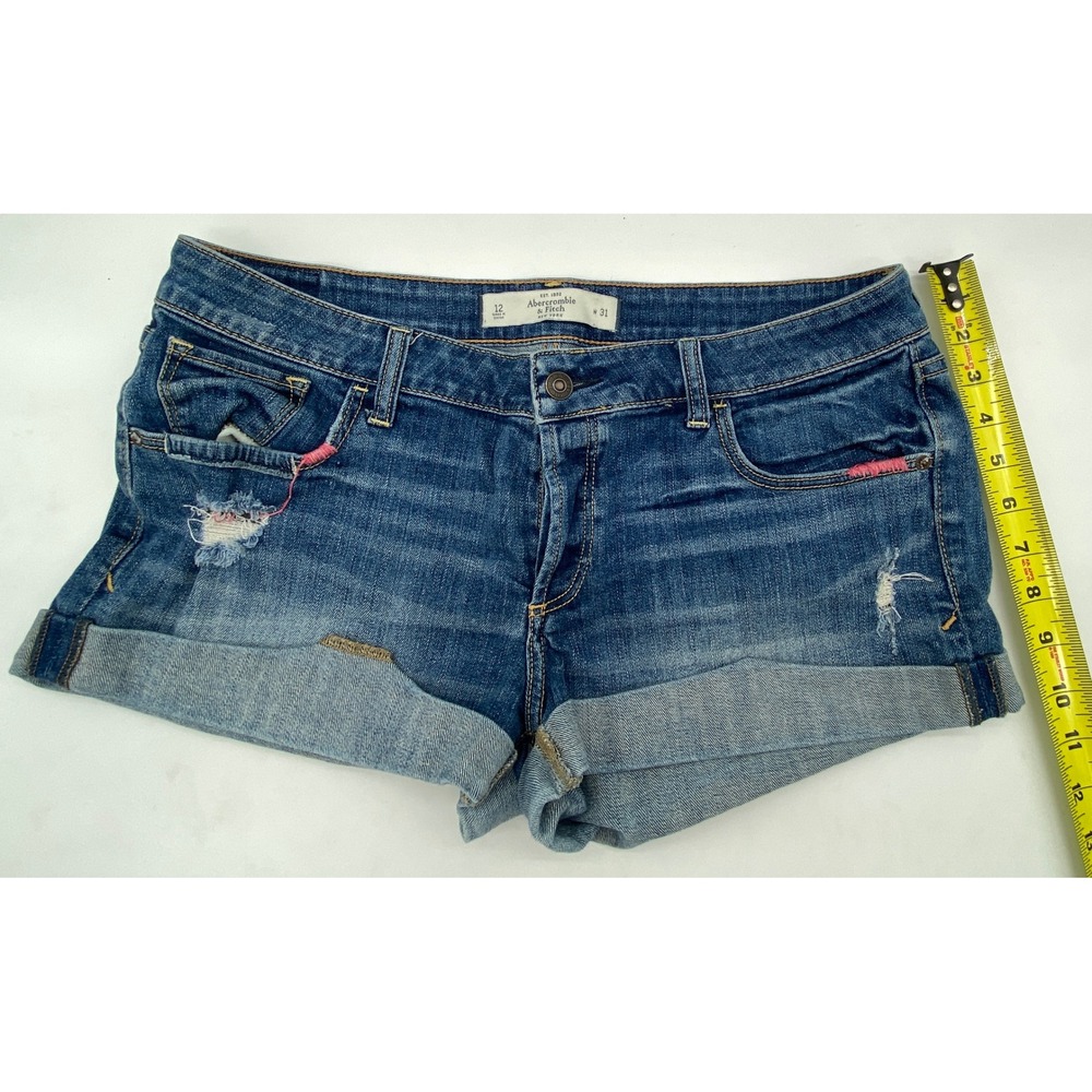 Abercrombie & Fitch Womens Size 12 Distressed Cuffed Denim Shorts Blue Low Rise